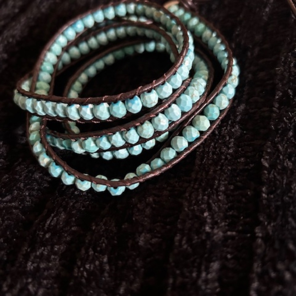 New Wrap Bracelet with turquoise colored beads and leather-like strap